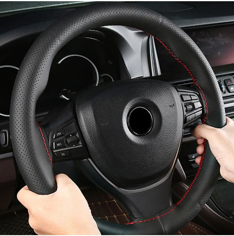 Real Cowhide Hand Stitched Steering Wheel Cover Four Seasons Universal Car Accessories Car Anti-Slip Leather Protective Cover