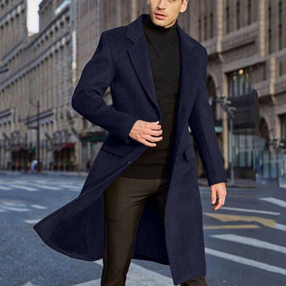 Solid Overcoat Single Breasted Men Wool Jacket Blends Long Sleeve Turn Down Collar Cardigan Coats Pockets Casual Outerwear