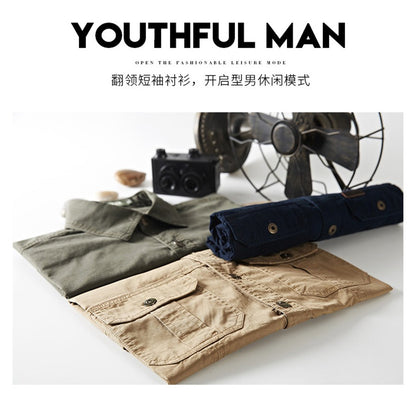 2025 Summer Green Cargo Shirts for Men Short Sleeve Casual Blouse Combat Tactical Shirt Multi-Pocket Outfits Oversize 5XL