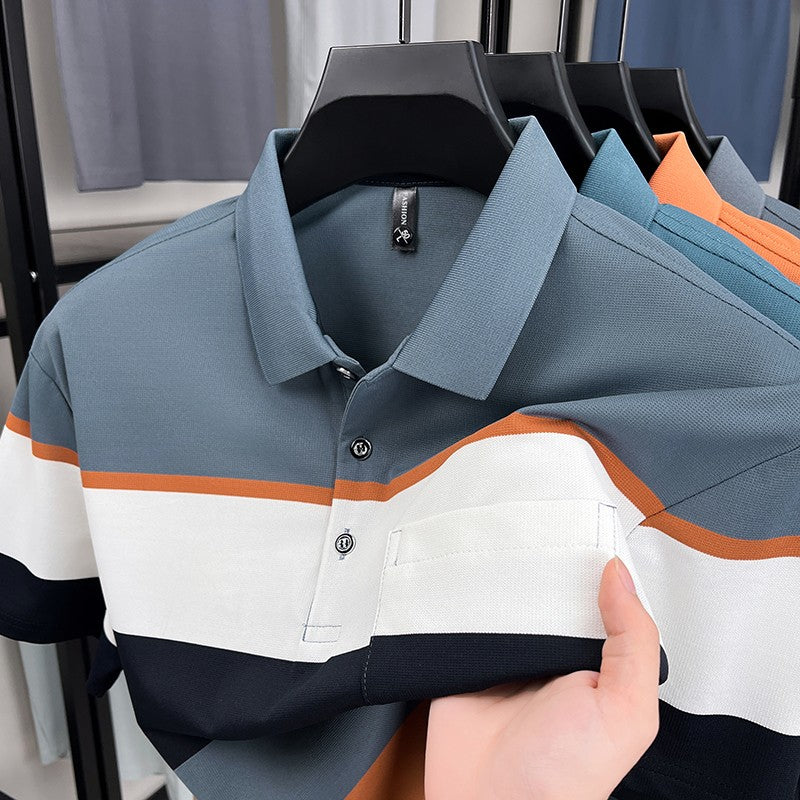 High-quality short sleeve polo shirt men fashion color striped pocket design summer new breathable trendy casual lapel T-shirt