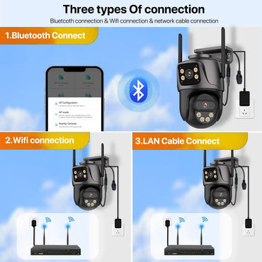 Câmera IP WIFI de Três Telas Externa 4K Lente Dupla Câmera PTZ Detecção Humana por IA Câmera de Segurança de Vídeo CCTV IP66 à Prova D'água iCsee