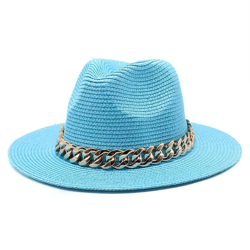 Set Straw Hat and Bag Set Gold Chain Bag Hat Set Ladies Leather Bag Tote Church Fedora Party Jazz Straw Hat