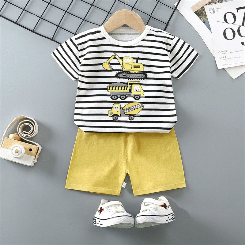 Cotton Pajama Cartoon T-Shirt+Shorts 2-Piece Clothing Set Kids Summer Baby Boys Girls Stripe Casual Tracksuit Clothes Suit 0-6 Y