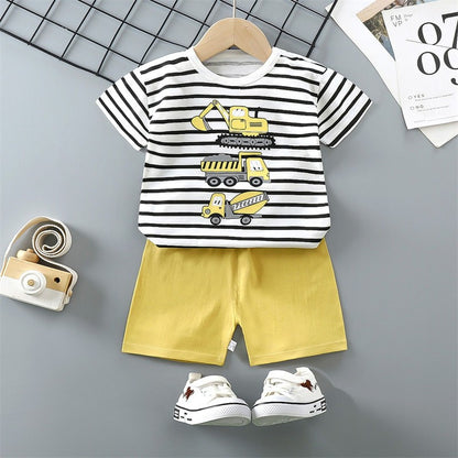 Cotton Pajama Cartoon T-Shirt+Shorts 2-Piece Clothing Set Kids Summer Baby Boys Girls Stripe Casual Tracksuit Clothes Suit 0-6 Y