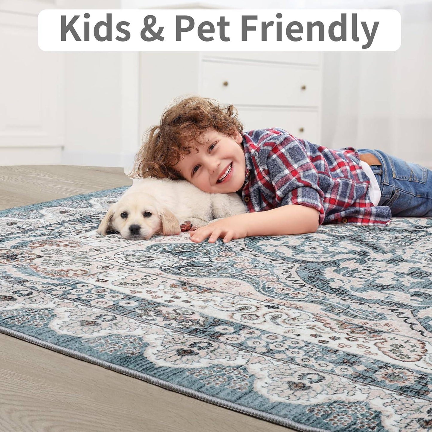 Area Rugs for Living Room, Machine Washable Vintage Rug, Non-Slip Low Pile Throw Rugs with Rubber Backing Washable Carpet