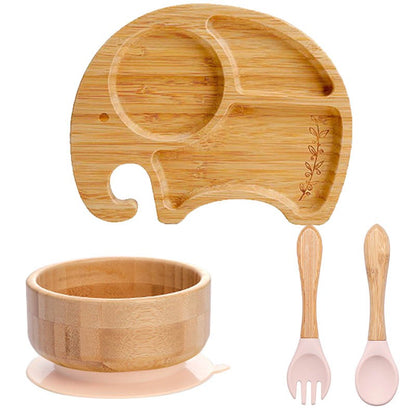 4pcs Bamboo Plate Sets Baby Feeding Bowl Wooden Kids Feeding Supplies Spoon Fork for Baby Tableware Suction Plate Bowl Cup