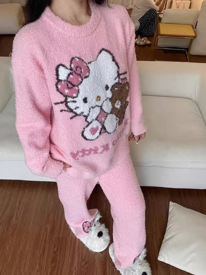 Hello Kitty Women's 2025 Kawaii Brushed Fleece Pajama Set Fall Winter Plush Thermal Cozy Sleepwear & Home Loungewear