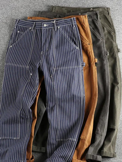 2025 Spring New American Retro Amekaji Heavyweight Woven Cargo Pants Men's Simple 100% Cotton Washed Straight Casual Trousers