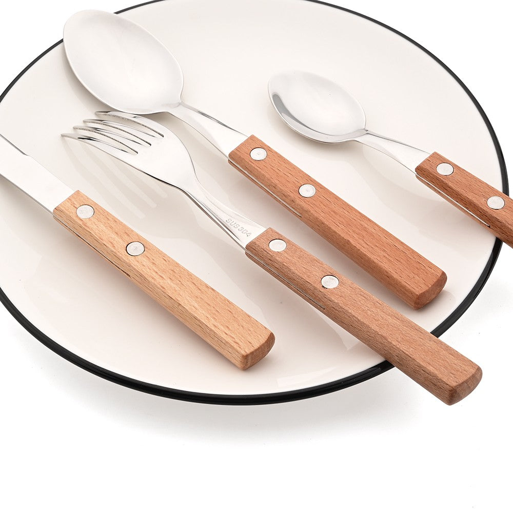 JANKNG 304 Stainless Steel Fork with Wooden Handle Tableware Cutlery Mirror Dinnerware Flatware Silverware Kitchen Accessories