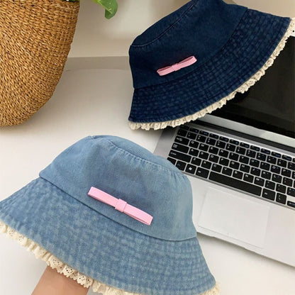 Retro Big Brimmed Denim Bucket Hat Bow Tie Y2K Lace Fisherman Hat Korean Style UV Protection Bow Sunscreen Hat Outdoor