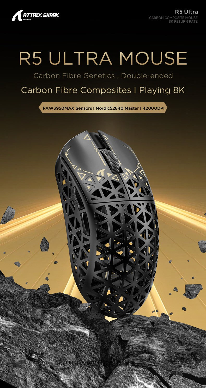 ATTACK SHARK R5 8K Wireless Gaming Mouse, 42K DPI -PAW3950 MAX Sensor -39g Ultra-Lightweight Carbon Fiber Hollowed-Out Design