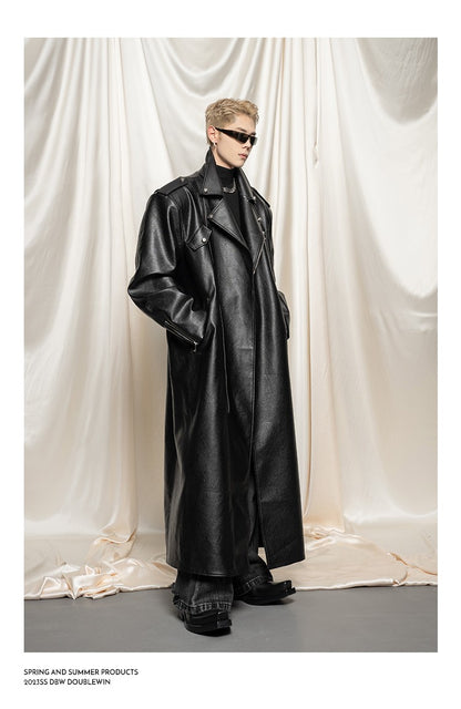 Mauroicardi Spring Autumn Oversized Cool Extra Long Black Pu Leather Trench Coat Men Zipper Loose Luxury European Fashion 2023