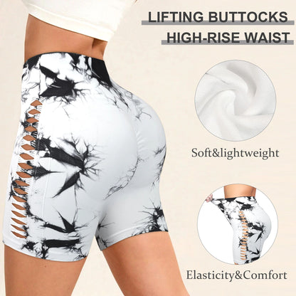 2pcs Tie Dye Mesh Yoga Pants Shorts High Waisted Hip Lifting Quick Drying Outdoor Sports Running Fitness Biker Trousers