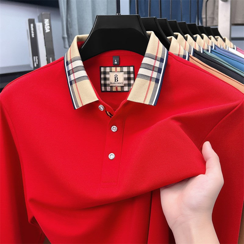Luxury brand long sleeve polo shirt men comfortable casual autumn item silk cotton high-end Korean fashion plaid lapel T-shirt