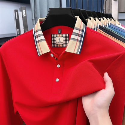 Luxury brand long sleeve polo shirt men comfortable casual autumn item silk cotton high-end Korean fashion plaid lapel T-shirt