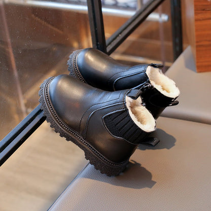 21-30 Kids Ankle Boots for Little Boys Girls Thermal Snow Boots Fashion PU Leather Children Short Rubber Boots with Thick Plush