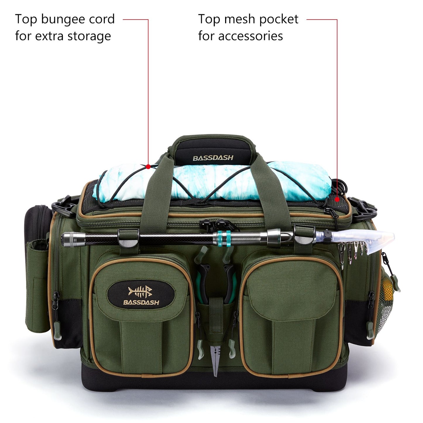 BASSDASH Fishing Tackle Shoulder Bag Resistente à Água, Leve, para Armazenamento de Equipamentos, com Base Rígida Moldada e Capa de Chuva