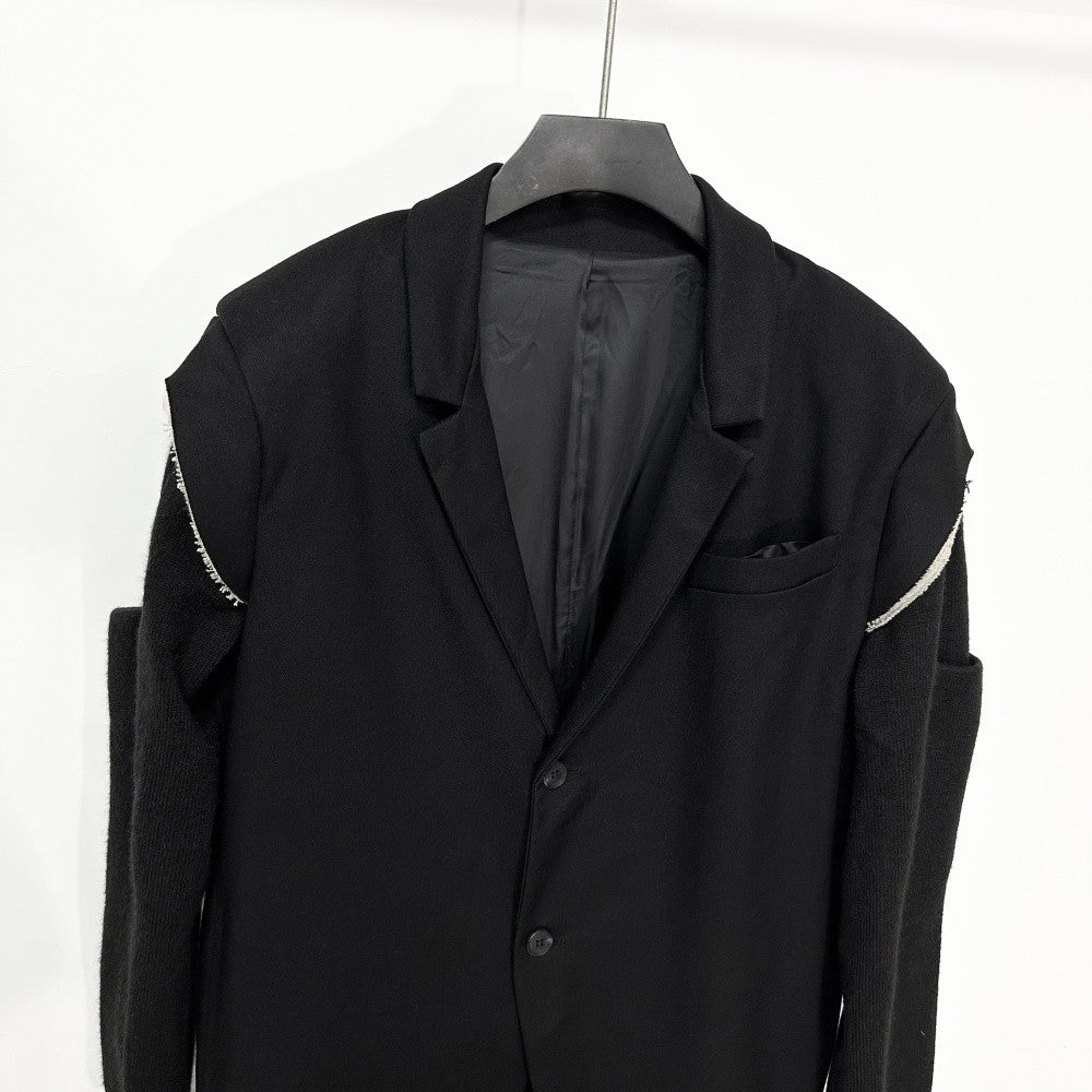 High Street Men's and Women's RO Dark Show Knitted Edge Splicing Sleeve Wide Shoulder Windbreaker Coat Medium Length Blazer Coat