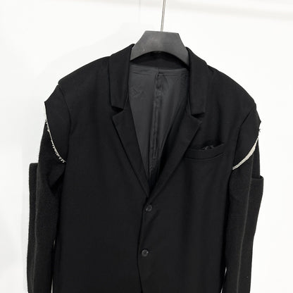 High Street Men's and Women's RO Dark Show Knitted Edge Splicing Sleeve Wide Shoulder Windbreaker Coat Medium Length Blazer Coat