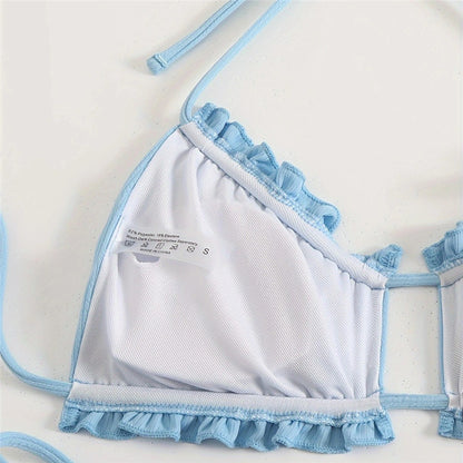 Light Blue Ribbed String Halter Swimwear Ruffled Bandeau Bikinis Sets Micro Thong Swimsuit Woman 2025 Bathing Suit Bikini Dames