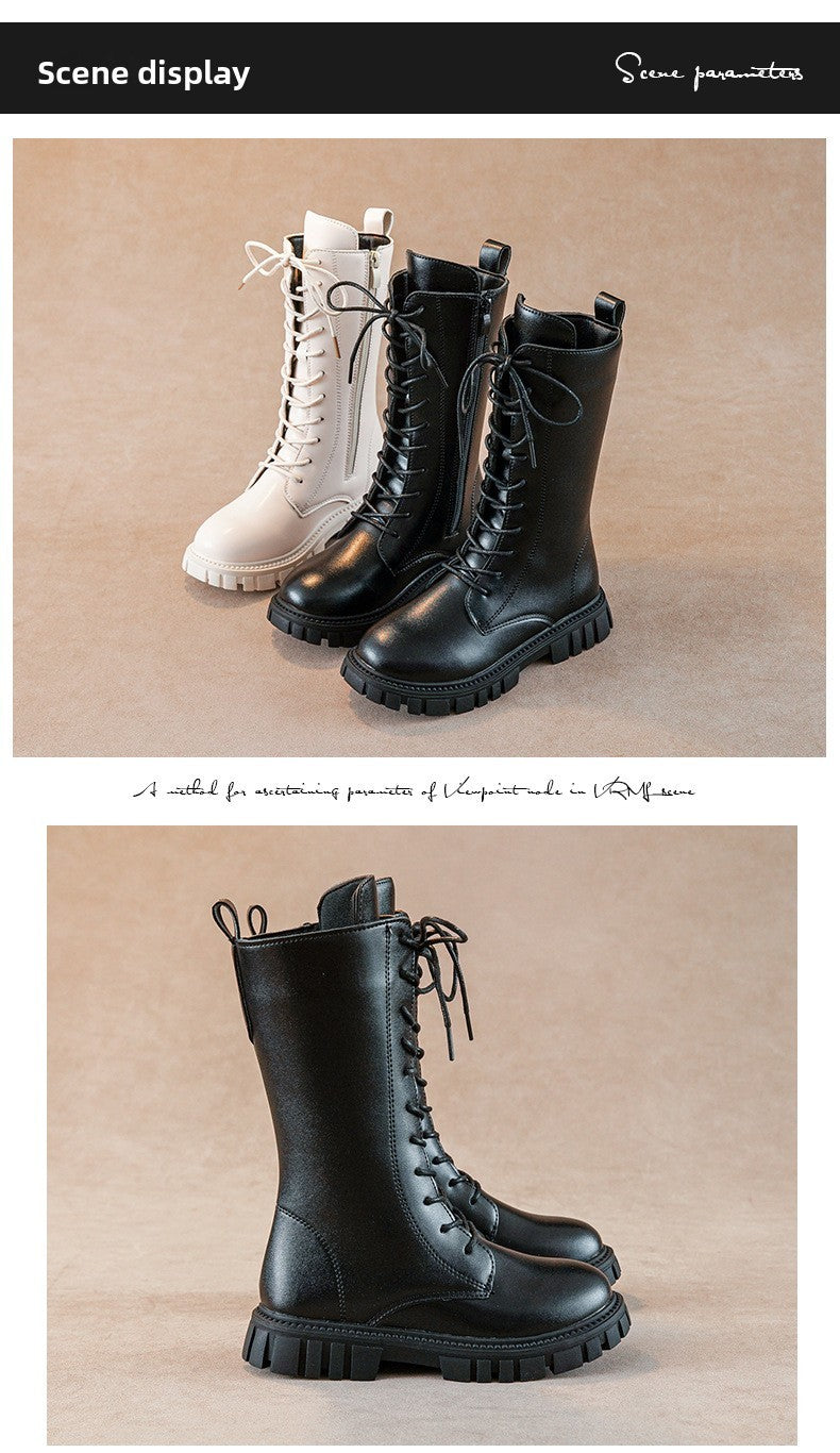 2025 Autumn/Winter  Fashion Cool Baby Girls Warm Square Heel Round Toe Casual Lace-Up Comfortable Kids Black Mid Boots