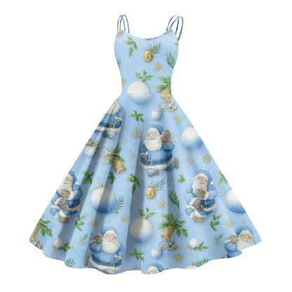 High Quality Cute Women's Casual Fashion Round Neck Christmas Print Mid-Length Dress Pretty Sweet Christmas Suspender Dress