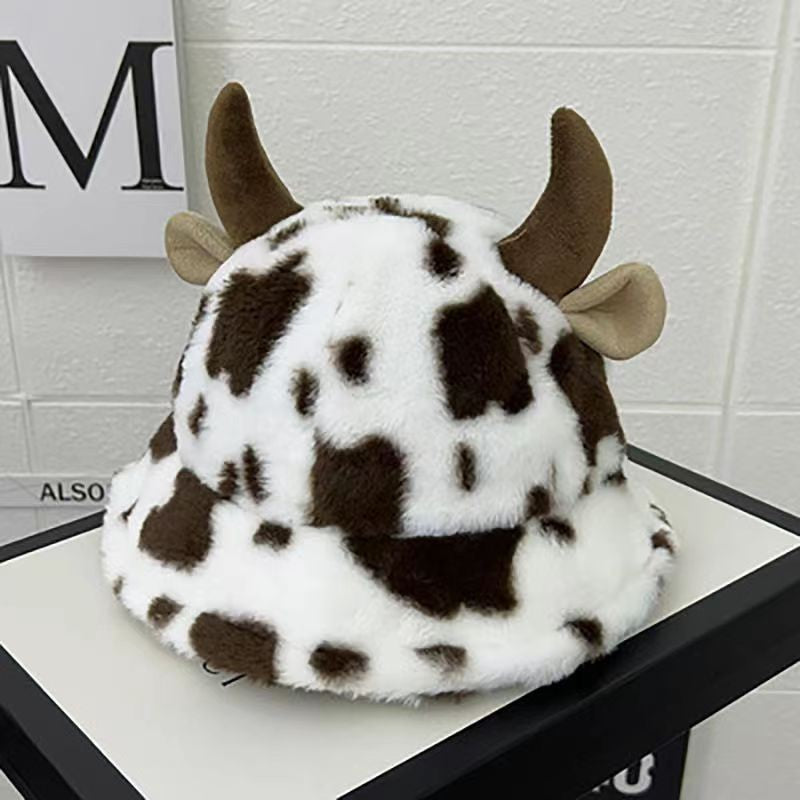 Autumn and winter new cow print horn fisherman hat female print Korean fashion plush thickened warm basin hat