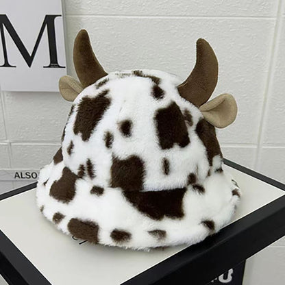 Autumn and winter new cow print horn fisherman hat female print Korean fashion plush thickened warm basin hat