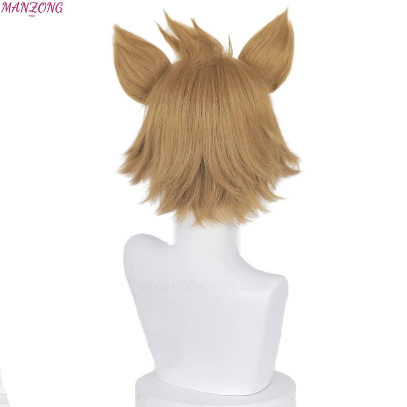 Gorou Cosplay Wig Game Genshin Impact Gorou Short Brown White Wig with Ears Synthetic Hair Heat Resistant Halloween Role Play