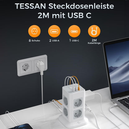 TESSAN Tower Power Strip Multi Outlets with USB A +1 Type C 2M Extension Cable EU Plug Vertical Electric Socket Surge Protection