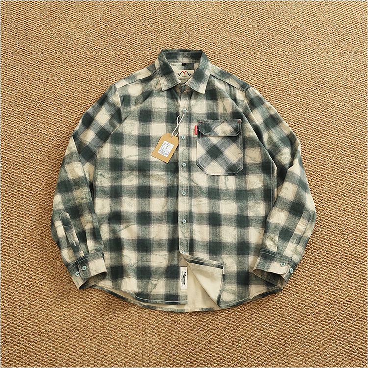 Autumn New Japanese Retro Long-Sleeve Lapel Plaid Cargo Shirt Men's Simple 100% Cotton Washed Pocket Casual Blouses Thin Coat