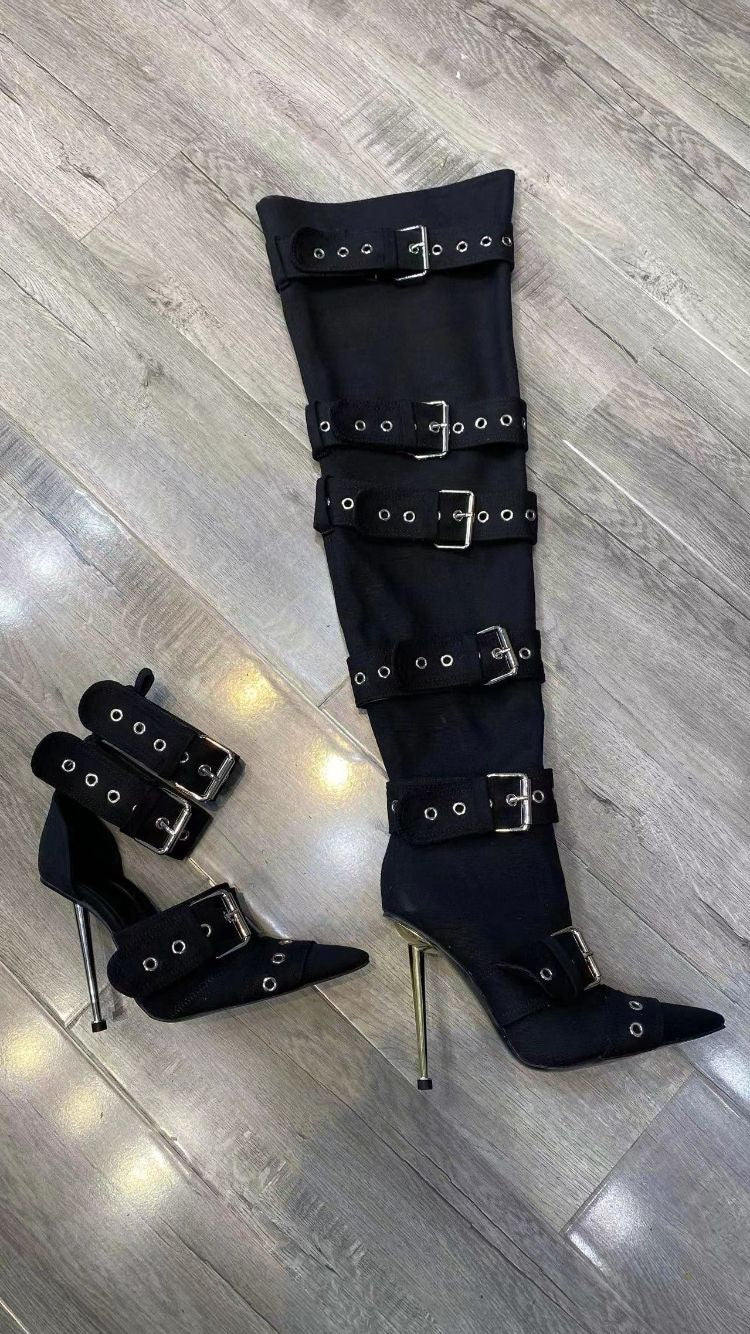 Denim Metal Rivet Buckle Silver Sandals Women's Sexy Punk Style Pointed Metal Hollow 12cm High Heels Size 34-43 Womens Shoes