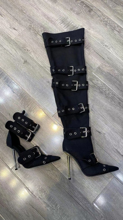 Denim Metal Rivet Buckle Silver Sandals Women's Sexy Punk Style Pointed Metal Hollow 12cm High Heels Size 34-43 Womens Shoes