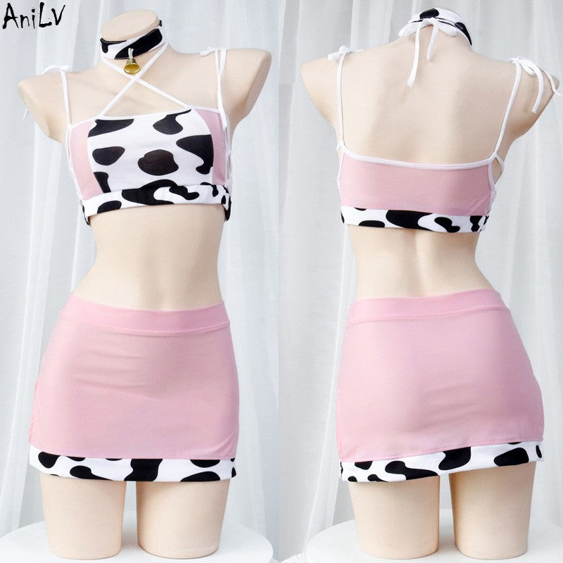 AniLV Cow Series Swimsuit Bodysuit Bikini Maid Unifrom Costume Summer Beach Kawaii Girl Swimwear Skirt Uniform Set Cosplay