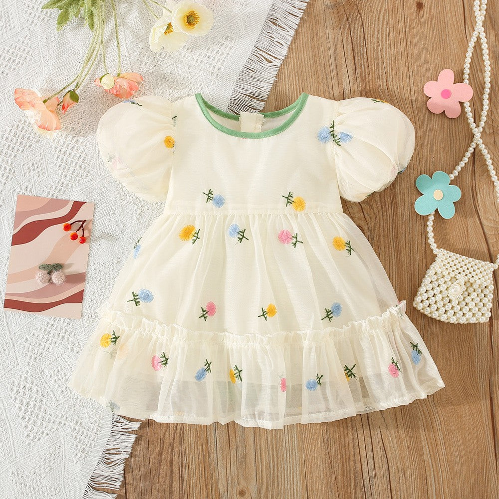 Summer Flower Embroidered Chiffon Dress for Baby Girl Birthday Dress High Quality Kids Clothes Send Big Bow
