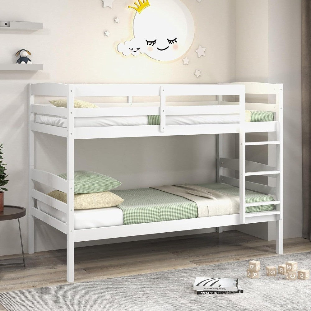 Beliche Madeira Solteiro sobre Solteiro, com Grade de Proteção de Comprimento Total e Escada Integrada, Estrutura de Cama que Economiza Espaço, Colchão F