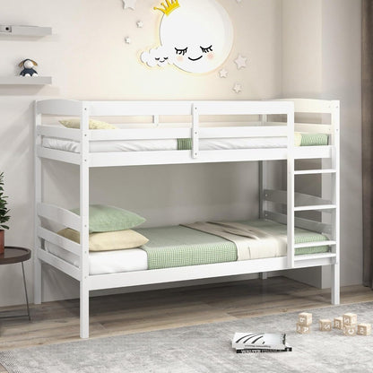 Beliche Madeira Solteiro sobre Solteiro, com Grade de Proteção de Comprimento Total e Escada Integrada, Estrutura de Cama que Economiza Espaço, Colchão F
