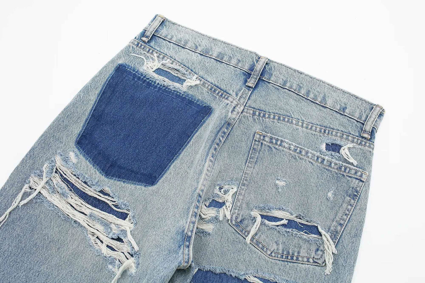 HH 2024 Women's Street Fashion Denim Blue Jeans Distressed Patchwork High Waist Zipper Fly Ripped Retro Long Pants