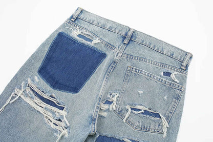 HH 2024 Women's Street Fashion Denim Blue Jeans Distressed Patchwork High Waist Zipper Fly Ripped Retro Long Pants