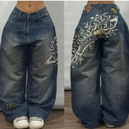 Retro Miss Me Boot Cut Jeans Female Y2K New Blue Jeans Embroidered Wing Pocket Hip Hop Harajuku Gothic Wide Pants Street Wear