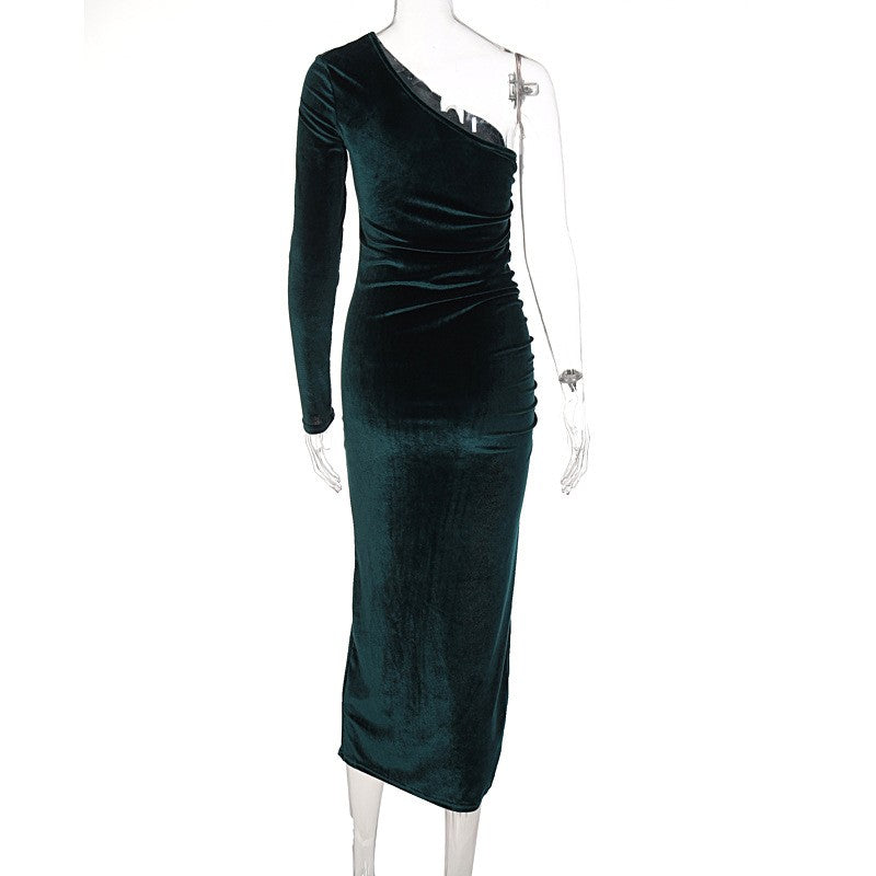 Women Elegant Long Sleeve Party Evening Velvet Bodycon Split Pencil Midi Dress S