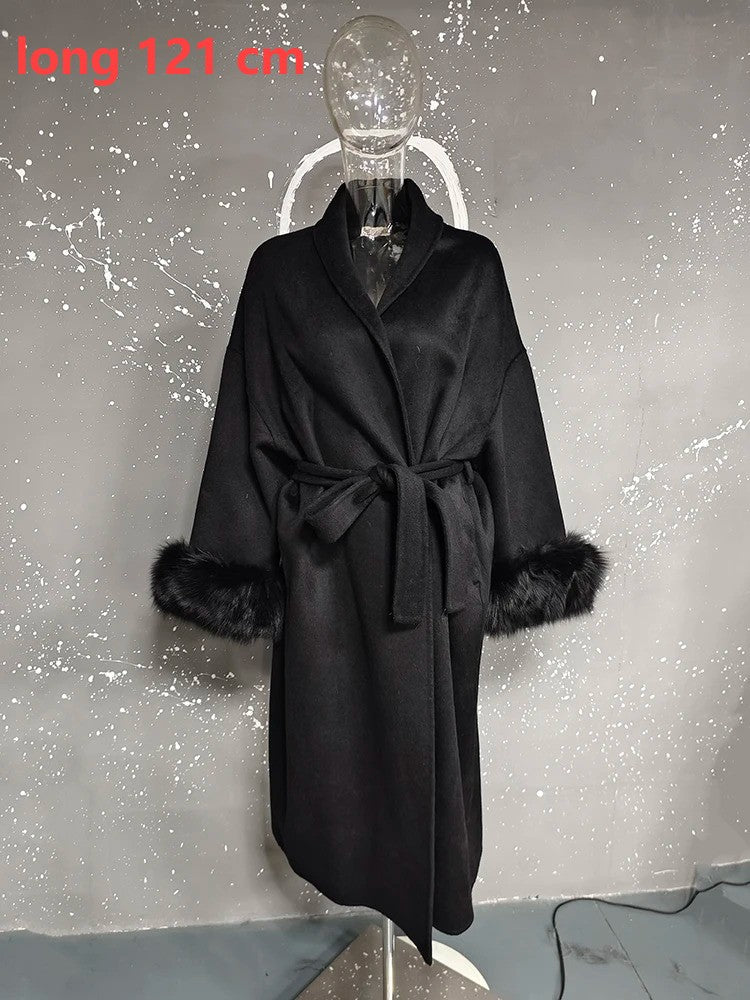 UCXQ Casaco Feminino Elegante OL para Escritório com Retalhos de Pelo Manga Comprida Lã Jaqueta de Roupa Feminina Bonita Outono Inverno 2025