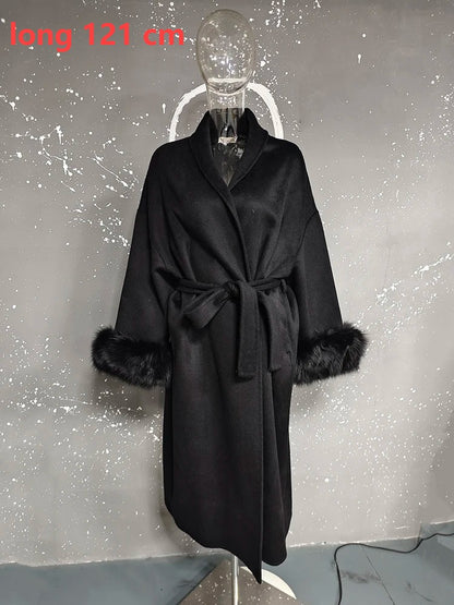 UCXQ Casaco Feminino Elegante OL para Escritório com Retalhos de Pelo Manga Comprida Lã Jaqueta de Roupa Feminina Bonita Outono Inverno 2025