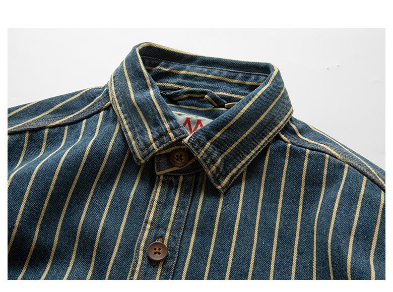 American Retro Workwear Long Sve Denim irt Loose Casual Striped ket irt Youth Trend Autumn Wear Iron Free