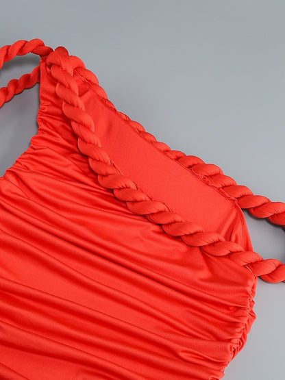 New Sexy One Shoulder Patchwork Twist Knot Draped Mini Dress Women Diagonal Collar Ruched Bodycon Dresses Evening Party Cocktail