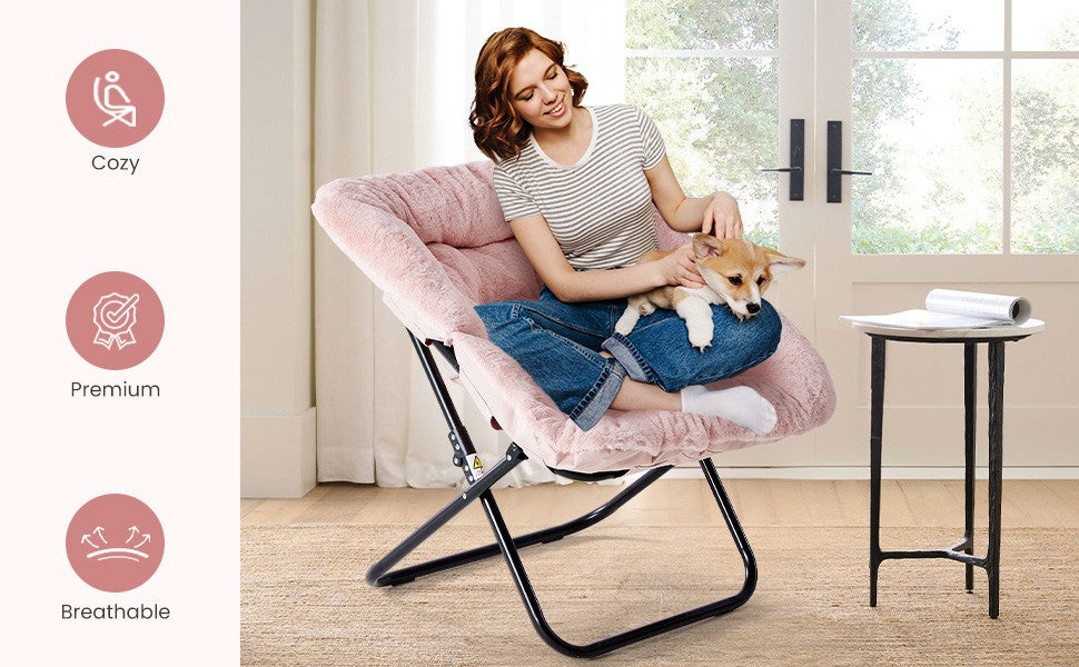 JHK 28IN Cozy Saucer Chairs Soft Faux Fur Large Size Folding Lounge Living Room Padded Seat Metal Frame Reading Chair Furniture