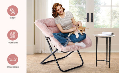 JHK 28IN Cozy Saucer Chairs Soft Faux Fur Large Size Folding Lounge Living Room Padded Seat Metal Frame Reading Chair Furniture