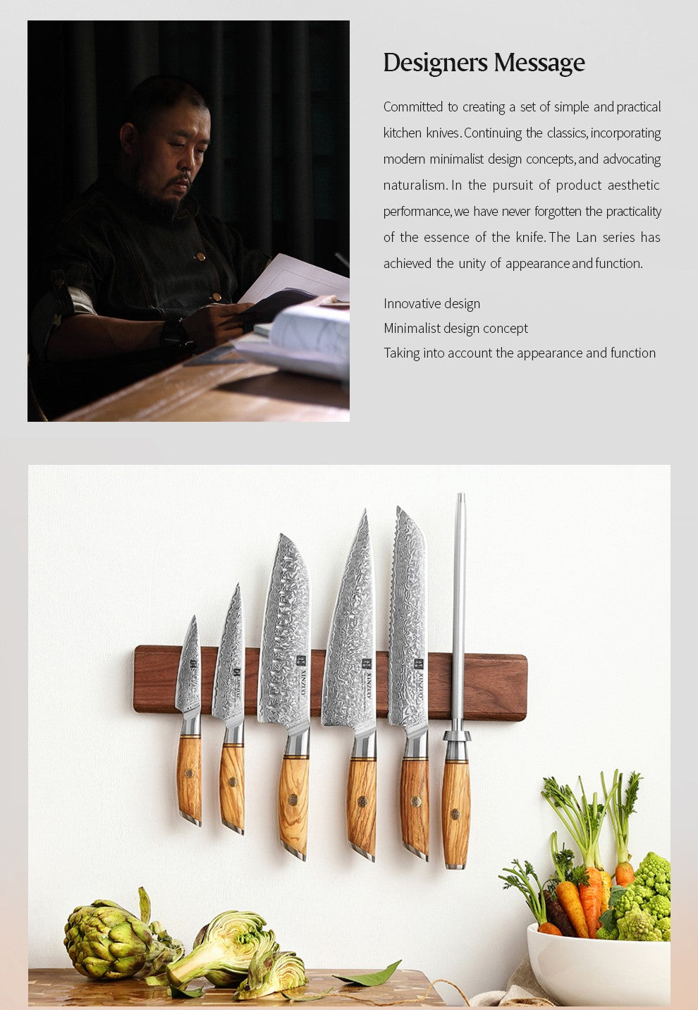 XINZUO Conjunto de Facas de Cozinha 1-8 Peças Aço Damasco Personalizado 73 Camadas Lâmina de Aço 15°±1 Por Lado com Cabo de Madeira de Oliveira