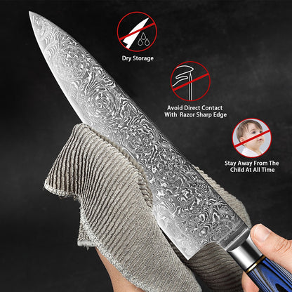 Conjunto de Facas de Cozinha 1-7 Peças, Aço Damasco Ultra Afiado para Chefe, Pão, Santoku, Desossar, Utilitárias, Lâmina com Padrão de Rosa Cabo G10 Azul