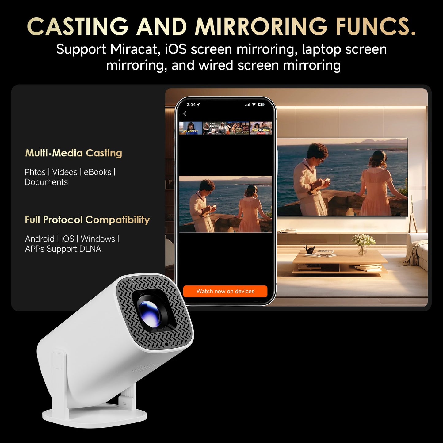 HONGTOP P30PLUS Smart Mini Projectors 4K 1280 * 720P With 500+Live free Channel Support WiFi6 Home Theater Portable Projector